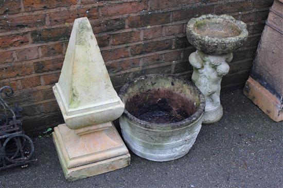 Obelisk, planter & bird bath